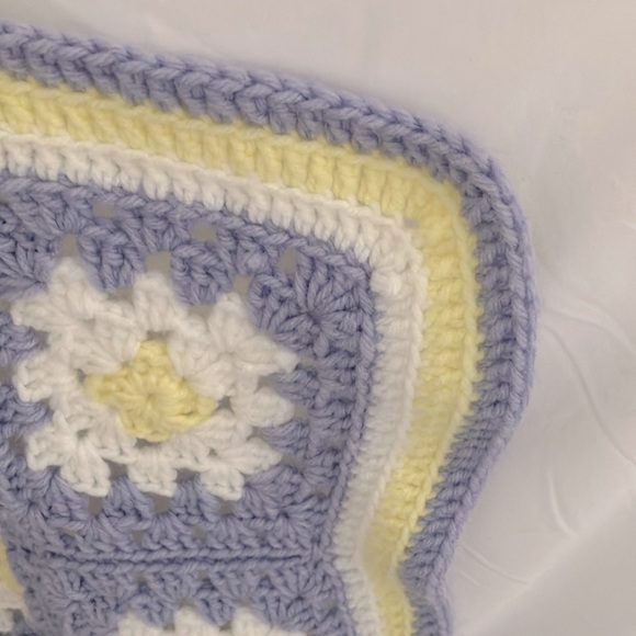 Blanket: Granny Square Blanket- pastel purple/pastel yellow/white- 50”x33” - Picture 8 of 12